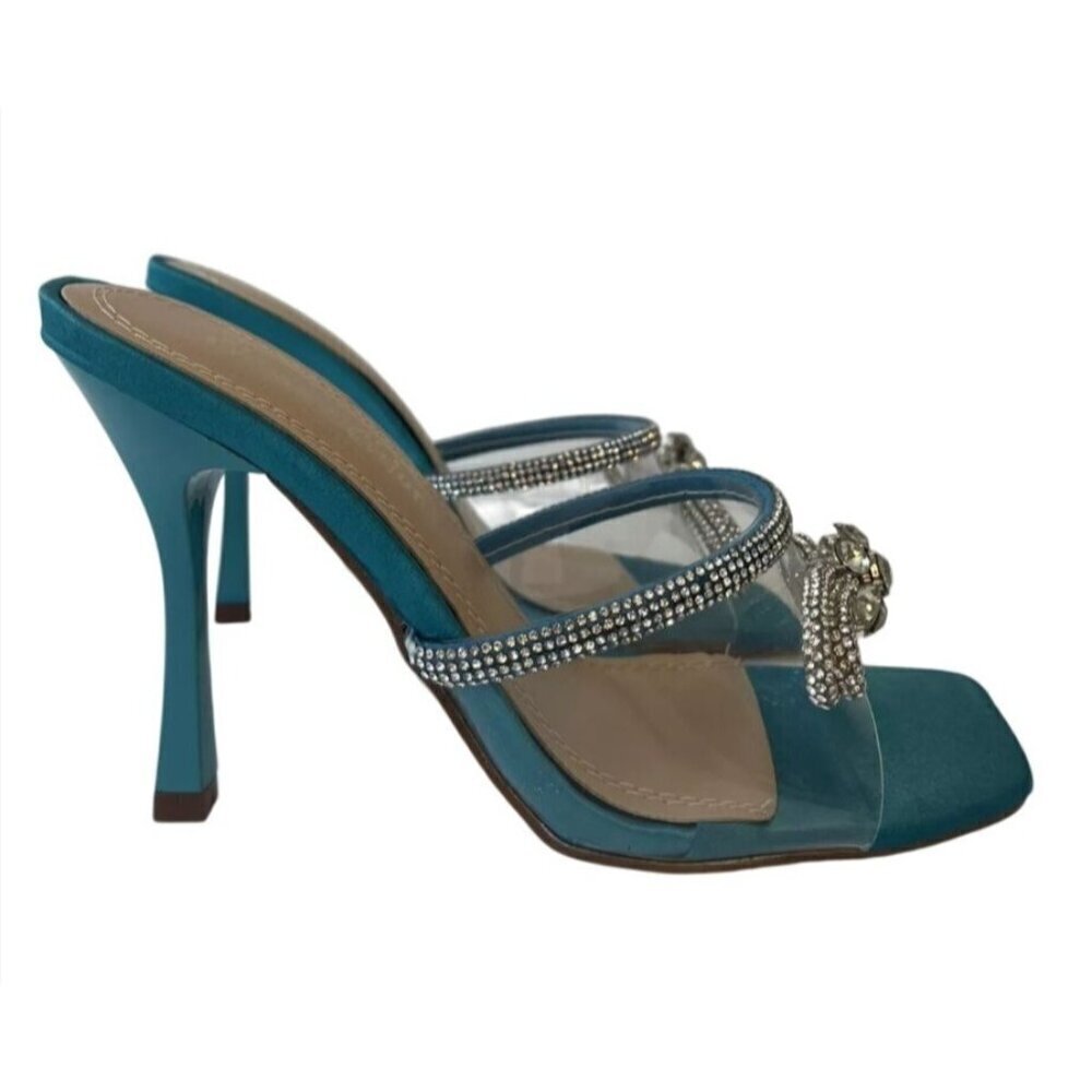 CHASE+CHLOE/ Turquoise Bow / Blue / Rhinestone / Embellished/  Heeled Sandals - Picture 2 of 8
